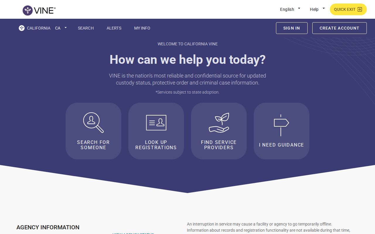 California VINELink state custody search landing screen