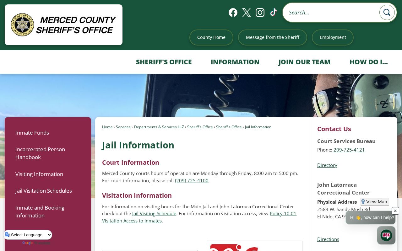 Merced County Jail Information page with official custody contact details