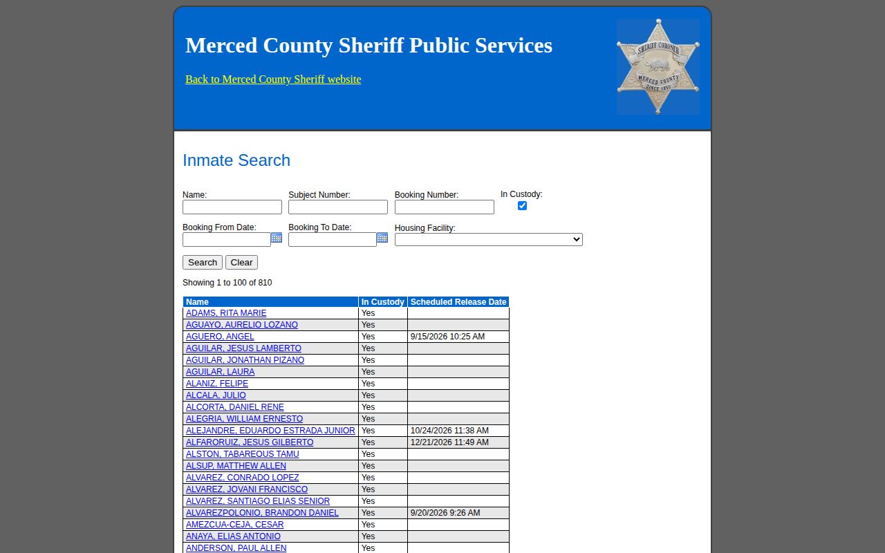 Official Merced County inmate inquiry search form