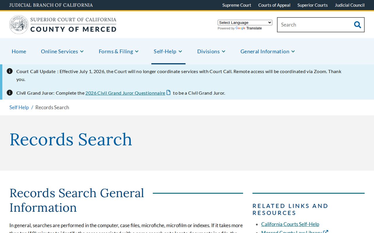 Merced Superior Court official records search page for Atwater arrest cases