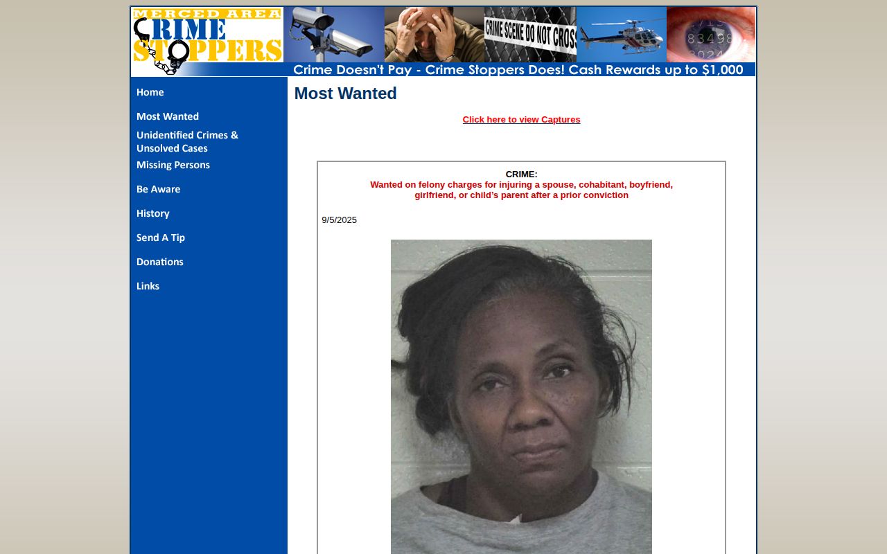 Merced Area Crime Stoppers official most-wanted page interface