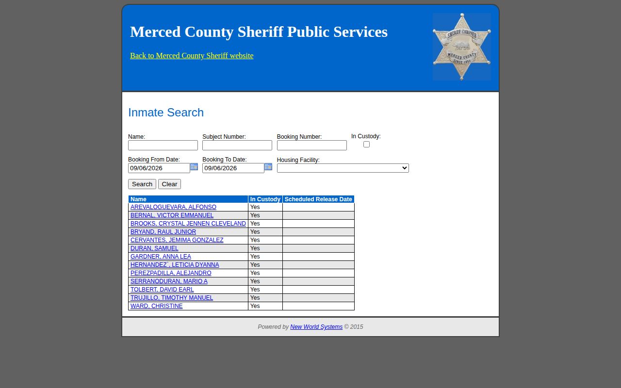 Merced County inmate inquiry date-window results interface