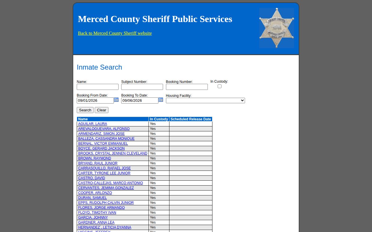 Merced County official multi-day booking inquiry for Los Banos custody checks