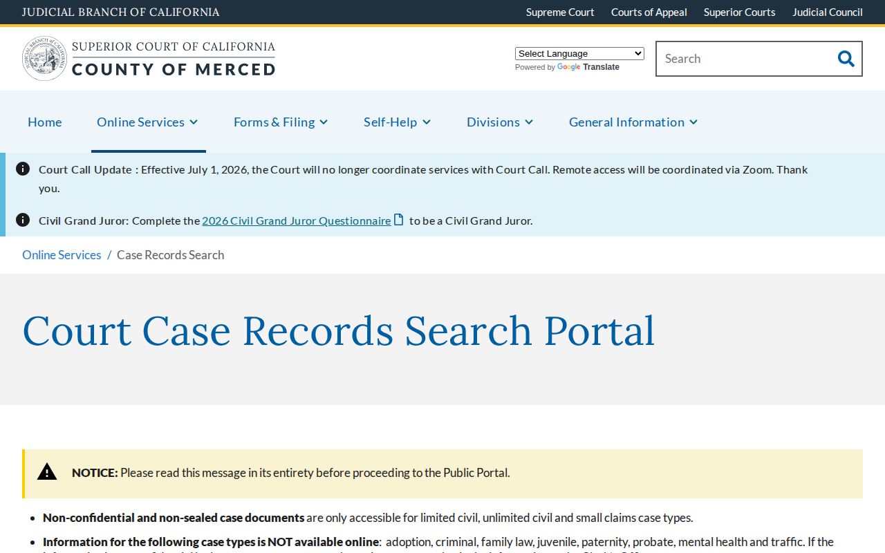 Merced Superior Court official case records search information page
